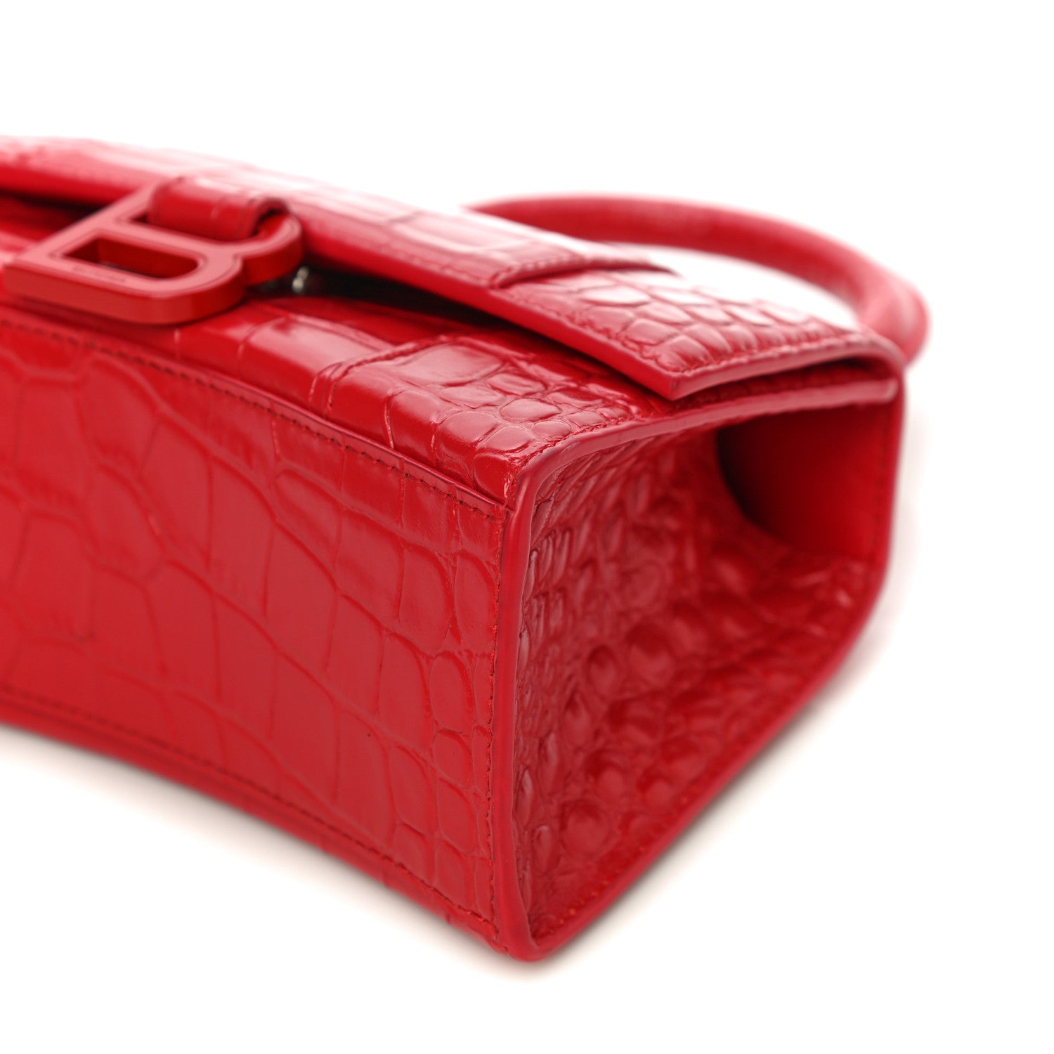 Balenciaga Shiny Calfskin Tonal B Crocodile Embossed Hourglass Top Handle Bag XS Bright Red 6 of 10