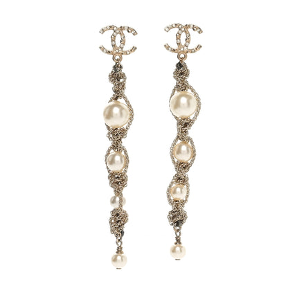 Chanel Pearl Crystal CC Chain Drop Earrings Gold 1 of 3