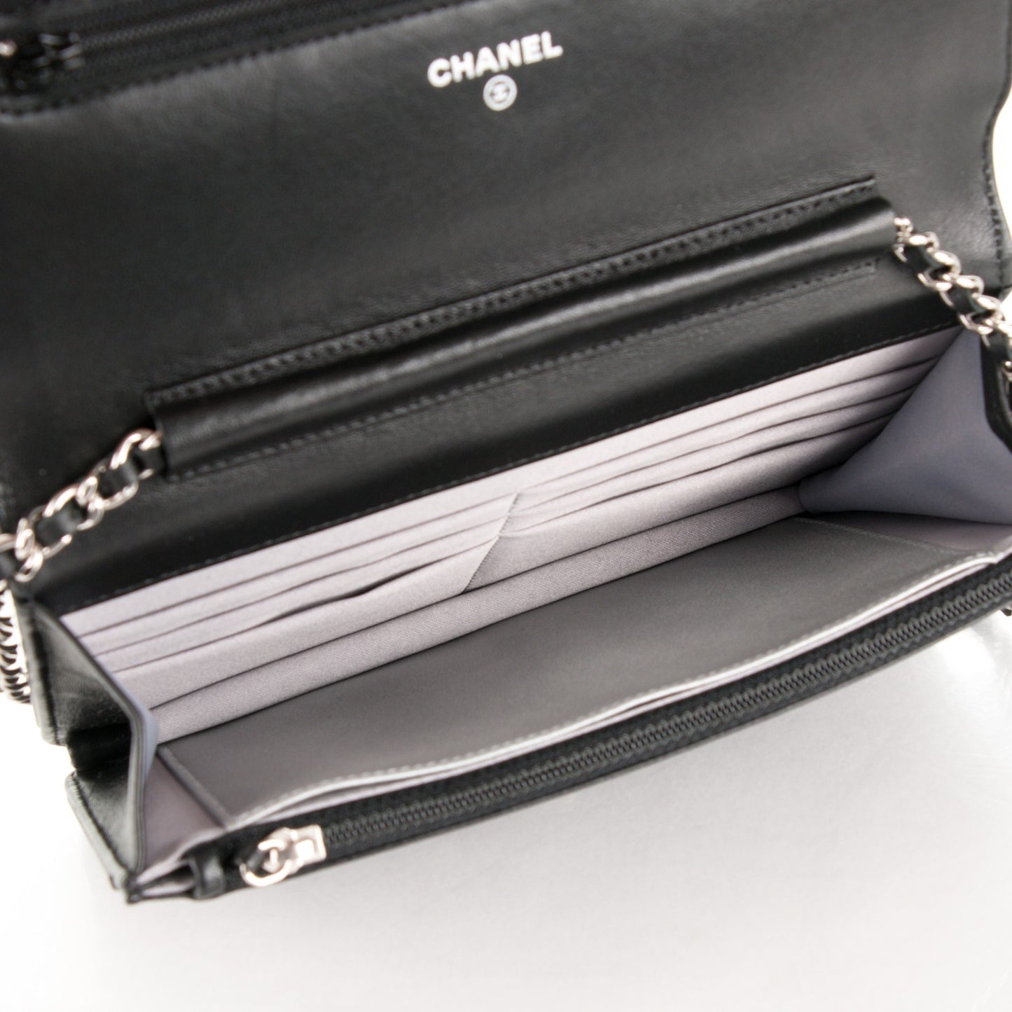 Lambskin Camellia Embossed Wallet On Chain WOC Black