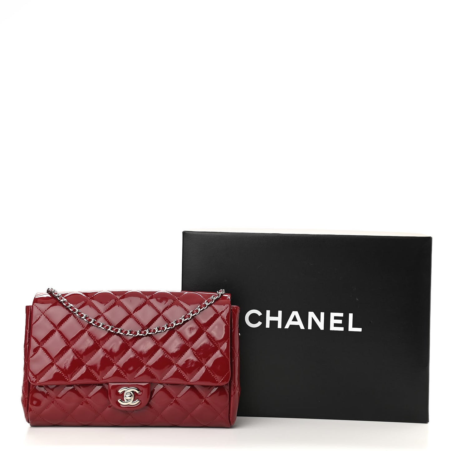 Patent Quilted Clutch With Chain Flap Red