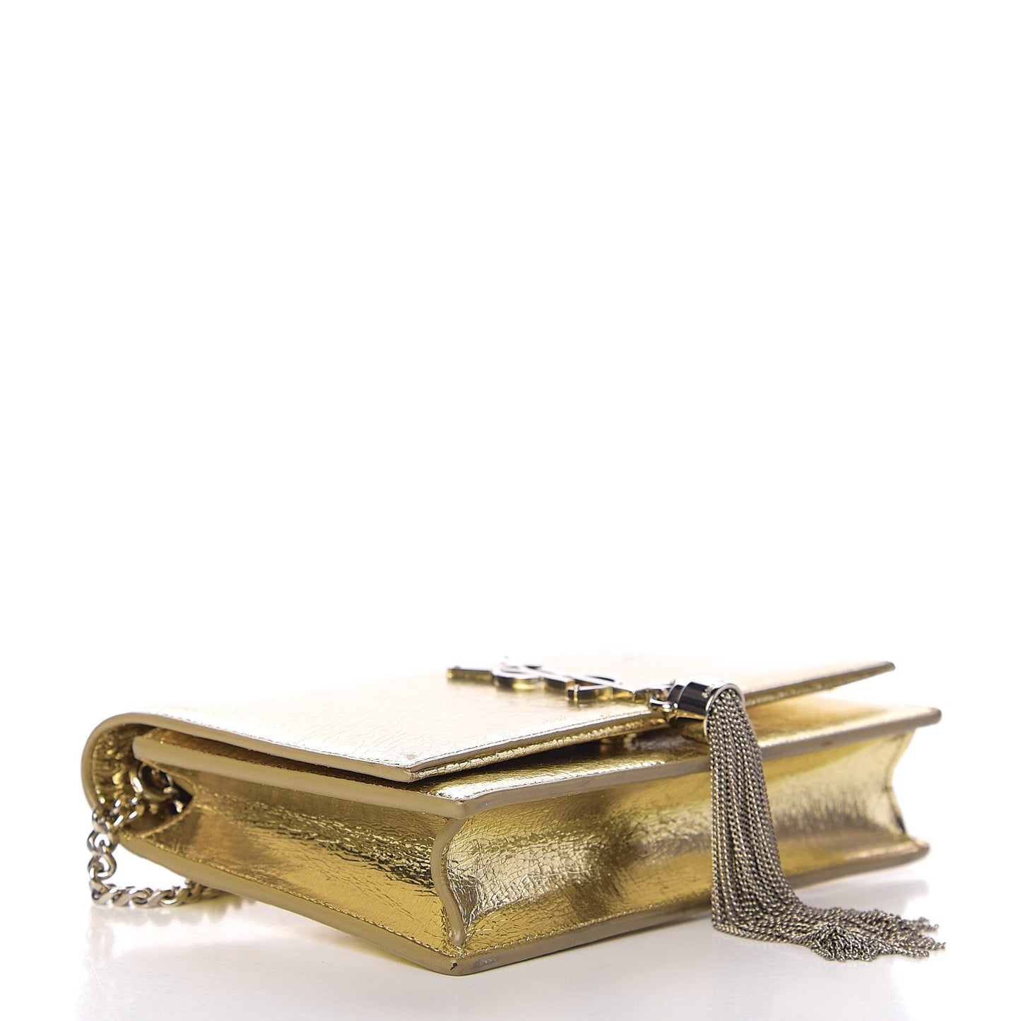 Metallic Crackled Calfskin Kate Monogram Tassel Chain Wallet Gold