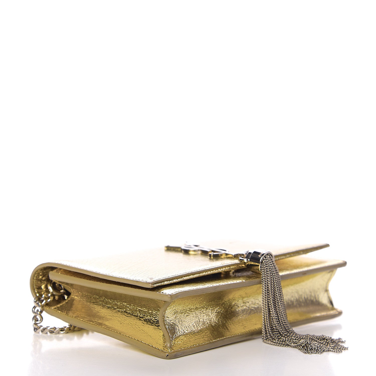 Saint Laurent Metallic Crackled Calfskin Kate Monogram Tassel Chain Wallet Gold 3 of 12