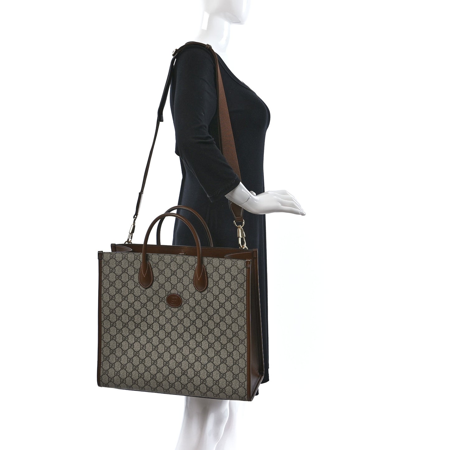 GG Supreme Monogram Azalea Calfskin Medium Retro Interlocking G Tote Bag Beige Ebony Brown Sugar