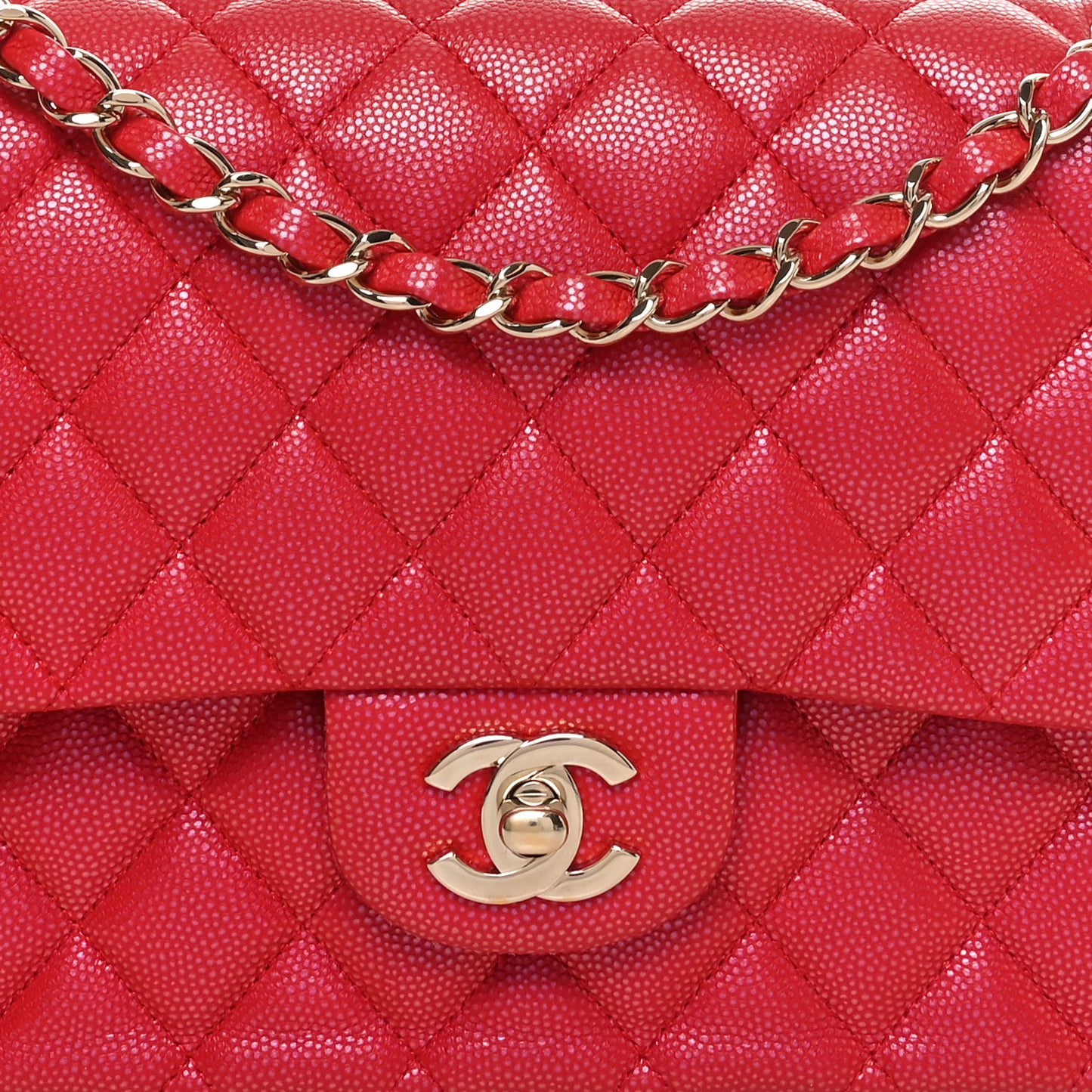 Iridescent  Caviar Quilted Medium Double Flap Red