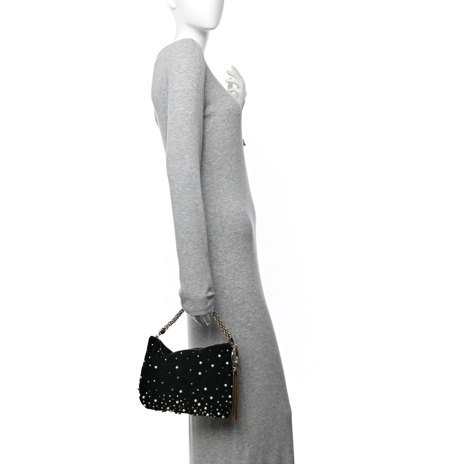Jimmy Choo Suede Pearl Embellished Callie Tassel Clutch Bag Black 2 of 12