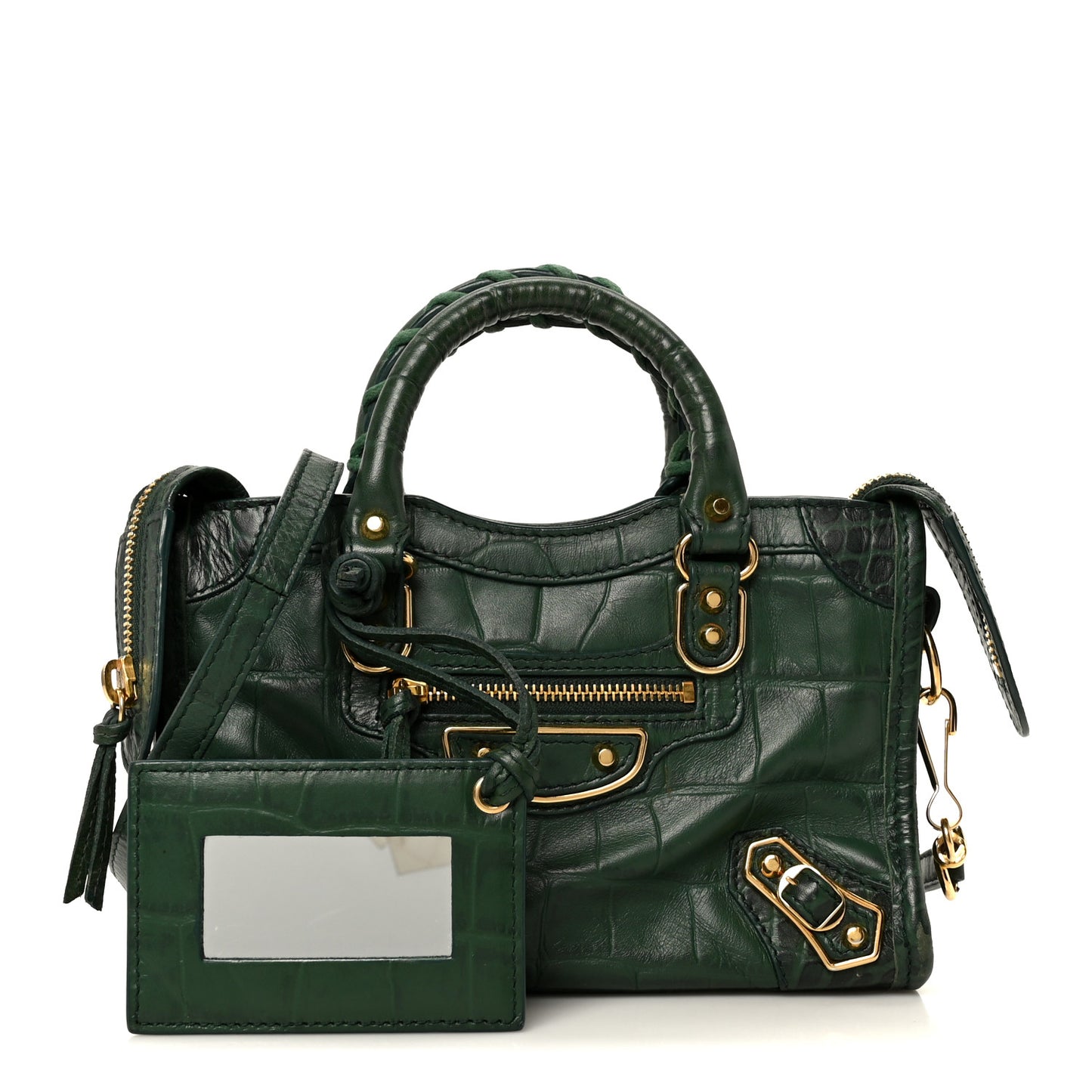 Shiny Supple Calfskin Crocodile Embossed Gold Metallic Edge Hardware Nano City Green