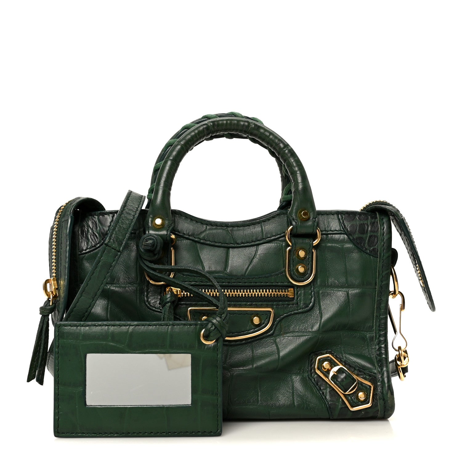 Balenciaga Shiny Supple Calfskin Crocodile Embossed Gold Metallic Edge Hardware Nano City Green 3 of 12