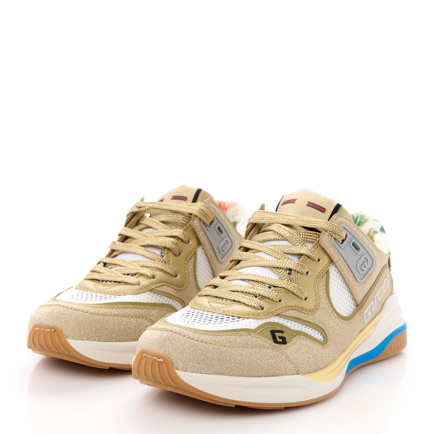 Metallic Calfskin Glitter Mesh Womens Ultrapace Sneakers 36 Gold