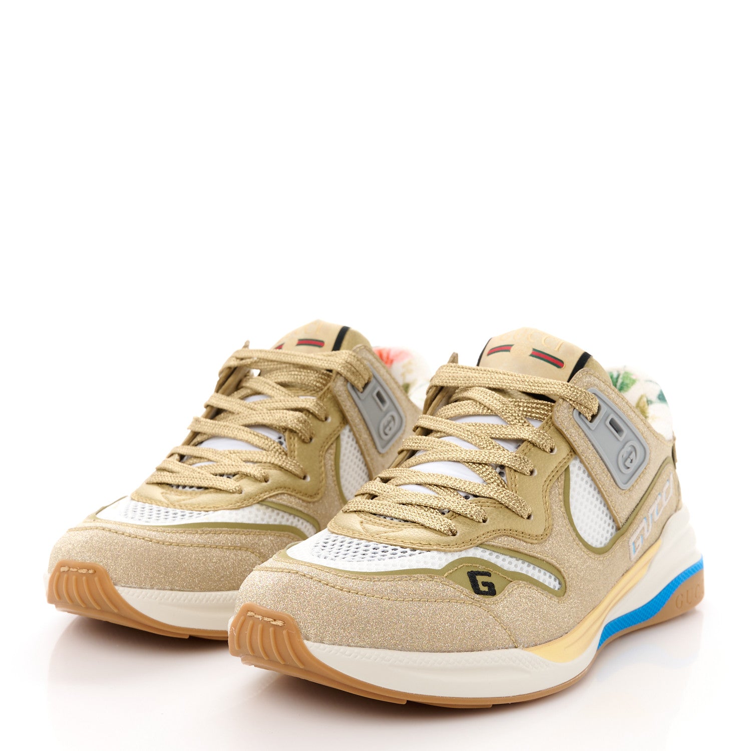 Gucci Metallic Calfskin Glitter Mesh Womens Ultrapace Sneakers 36 Gold 3 of 9
