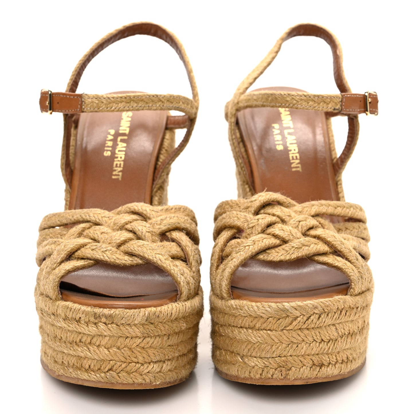 Raffia Calfskin Platform Espadrille Wedge Sandals 35.5 Caramel