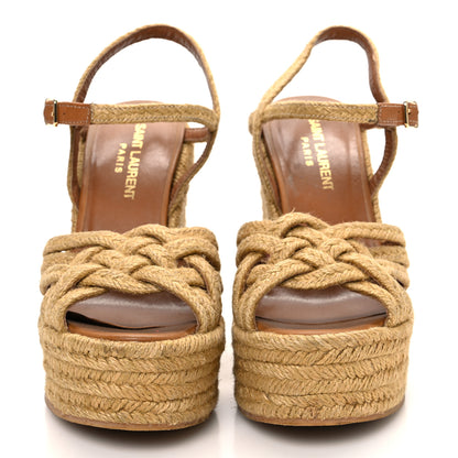Saint Laurent Raffia Calfskin Platform Espadrille Wedge Sandals 35.5 Caramel 3 of 10