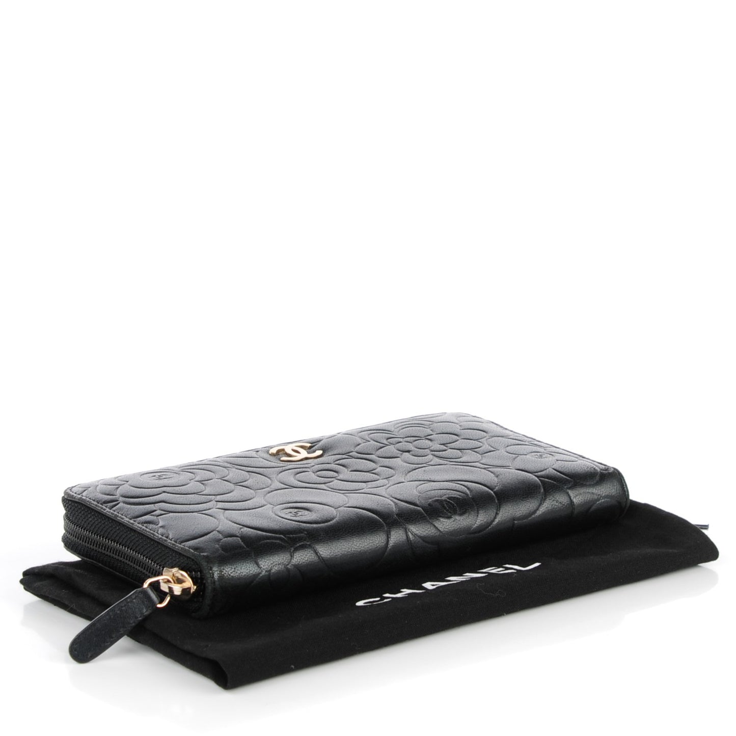 Lambskin Camellia Embossed Large Zip Around Gusset Wallet Black