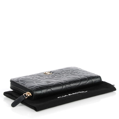 Chanel Lambskin Camellia Embossed Large Zip Around Gusset Wallet Black 4 of 8