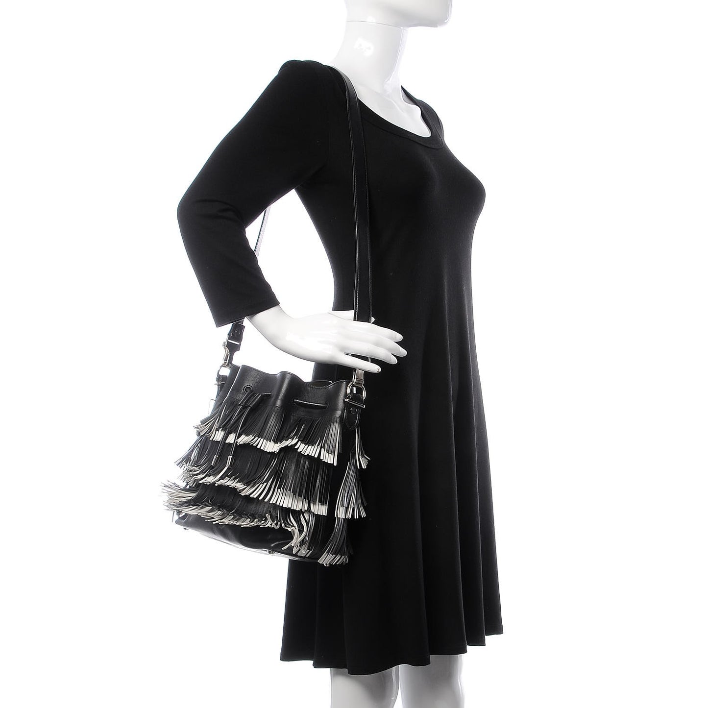 Calfskin Medium Fringe Bucket Bag Black White