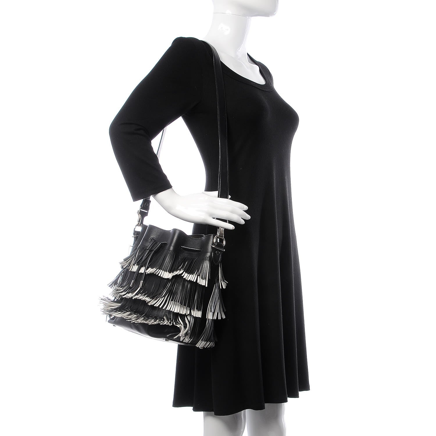 Proenza Schouler Calfskin Medium Fringe Bucket Bag Black White 2 of 7