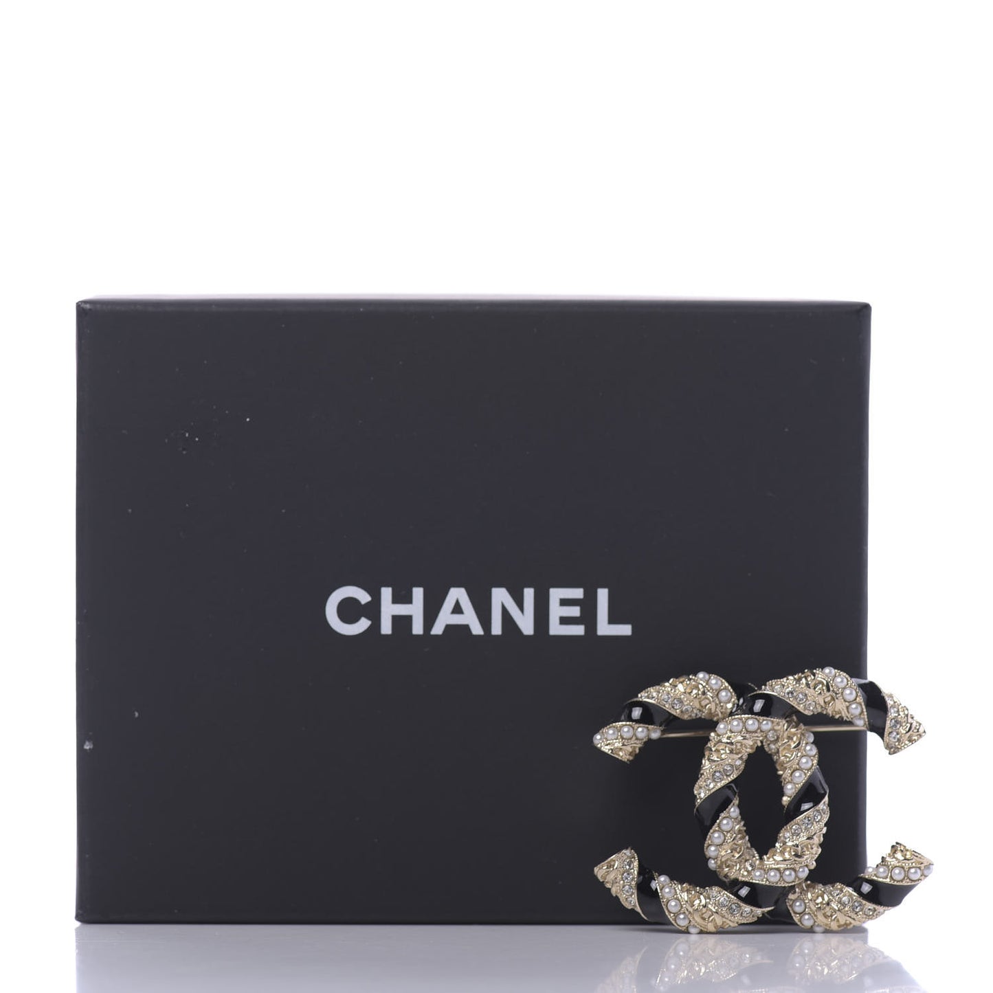 Pearl Crystal Enamel CC Brooch Black Gold