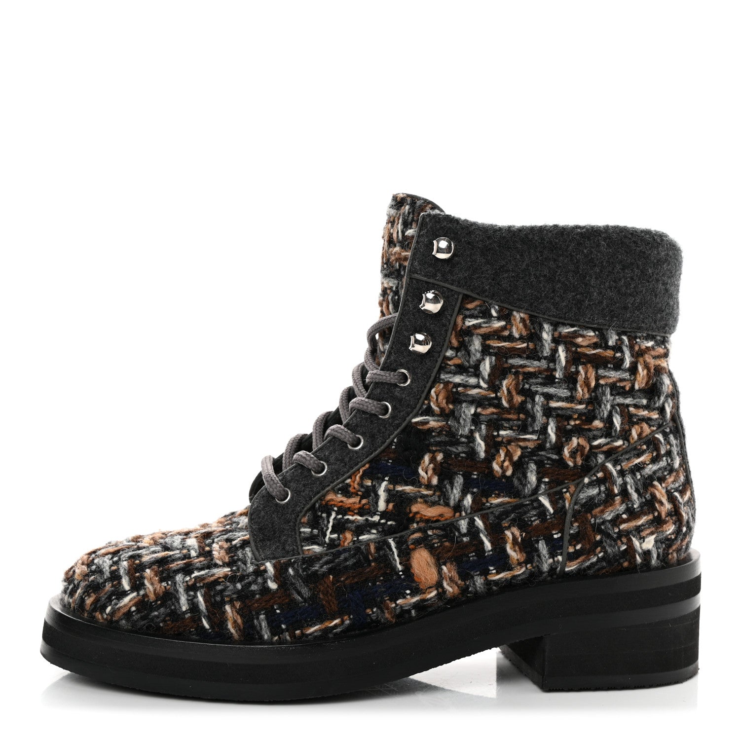 Chanel Tweed Lace Up Short Boots 38 Green Brown Black 1 of 11