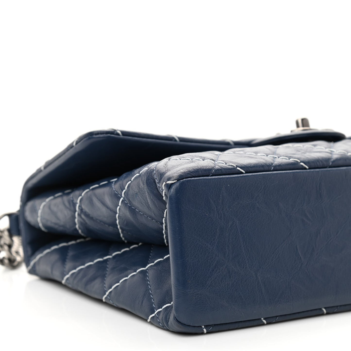 Aged Calfskin Chevron Stitched Quilted Flap Blue