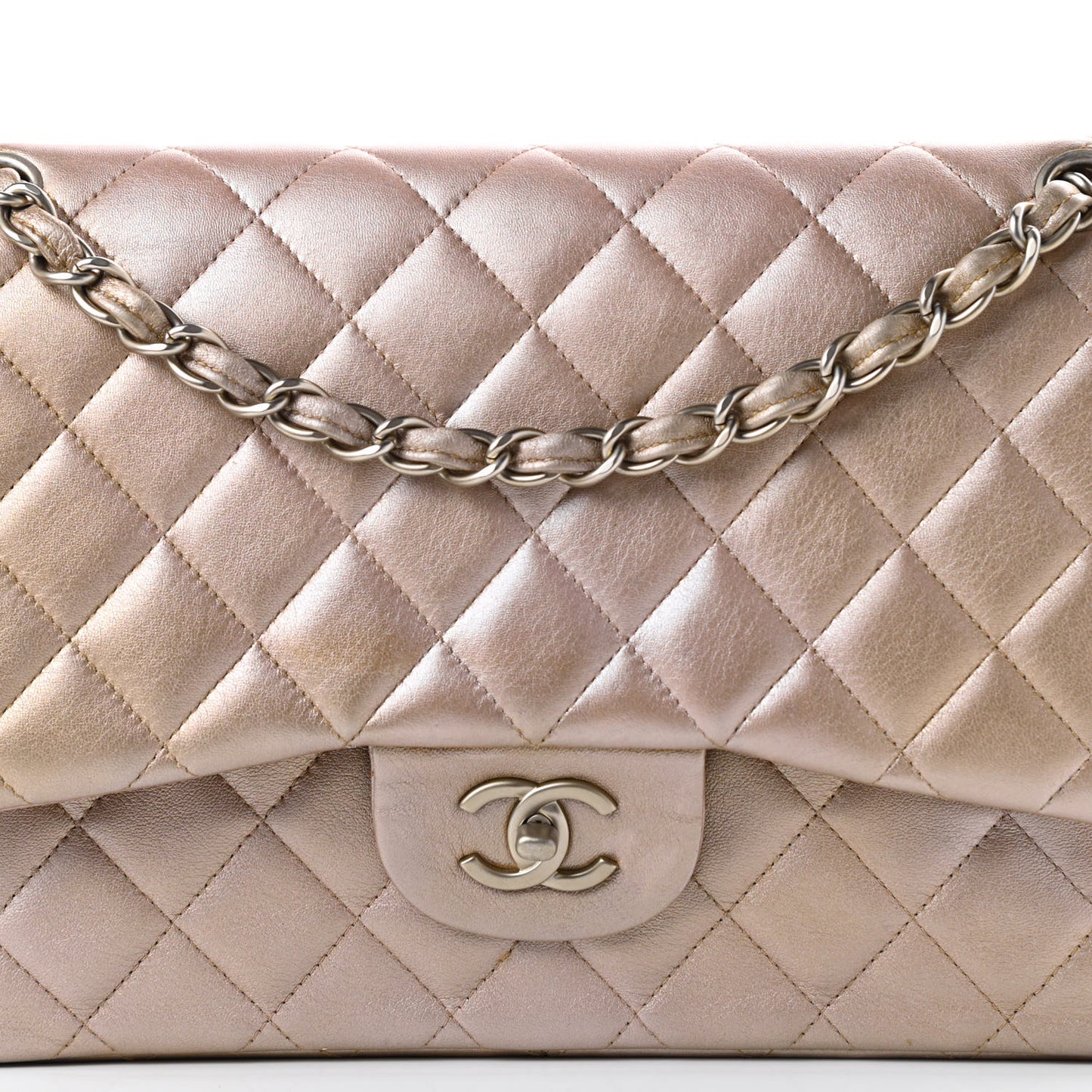 Metallic Lambskin Quilted Jumbo Double Flap Gold