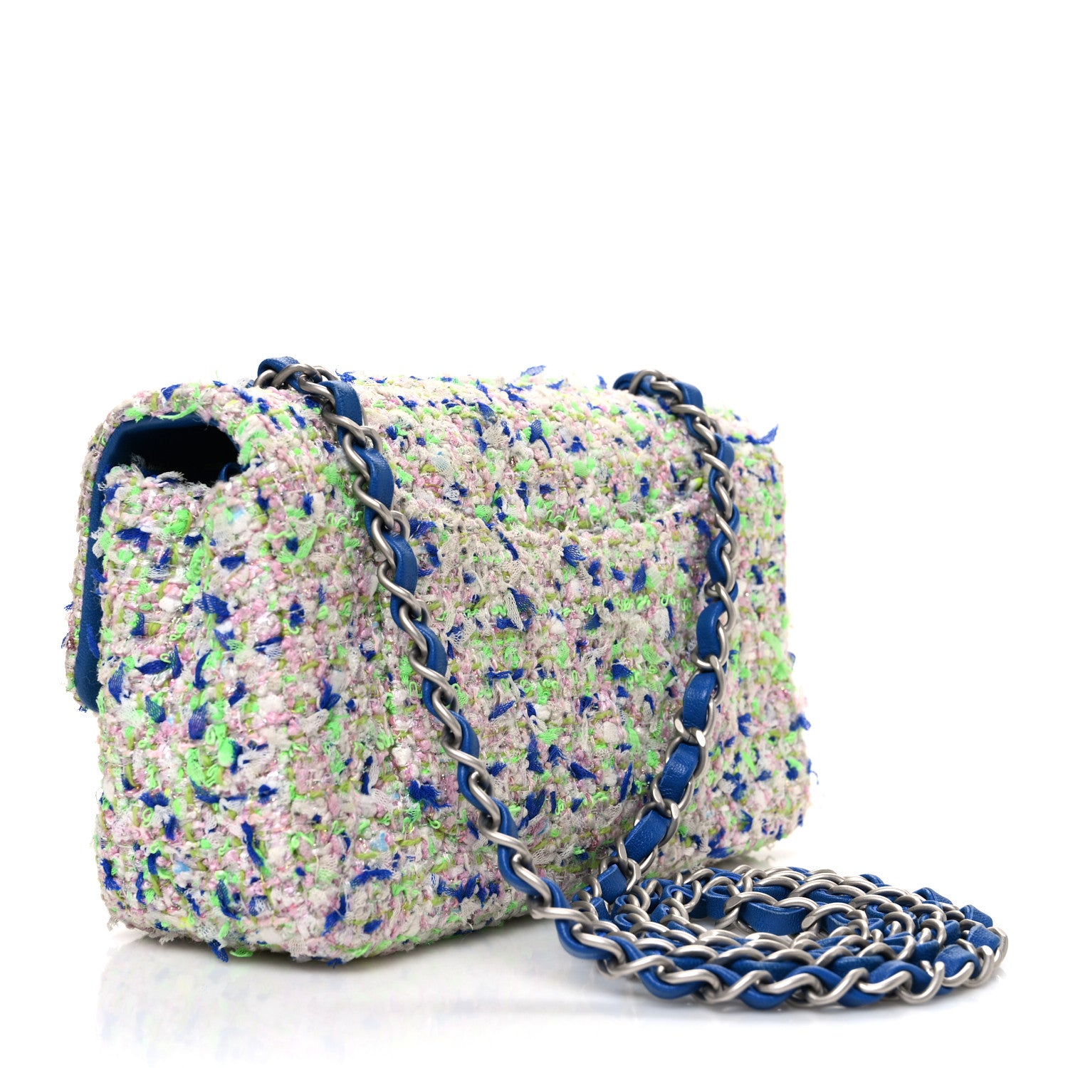Chanel Tweed Quilted Mini Rectangular Flap White Blue Green 3 of 10
