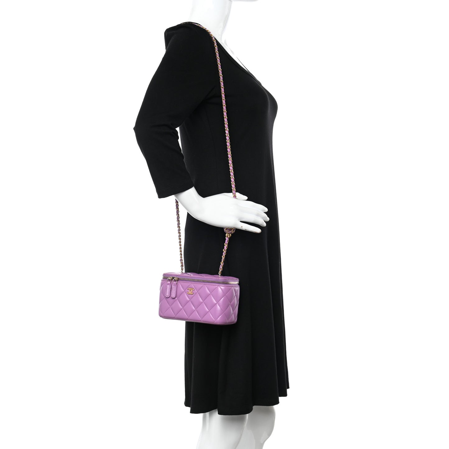 Lambskin Quilted Pearl Crush Small Vanity Case With Chain Purple