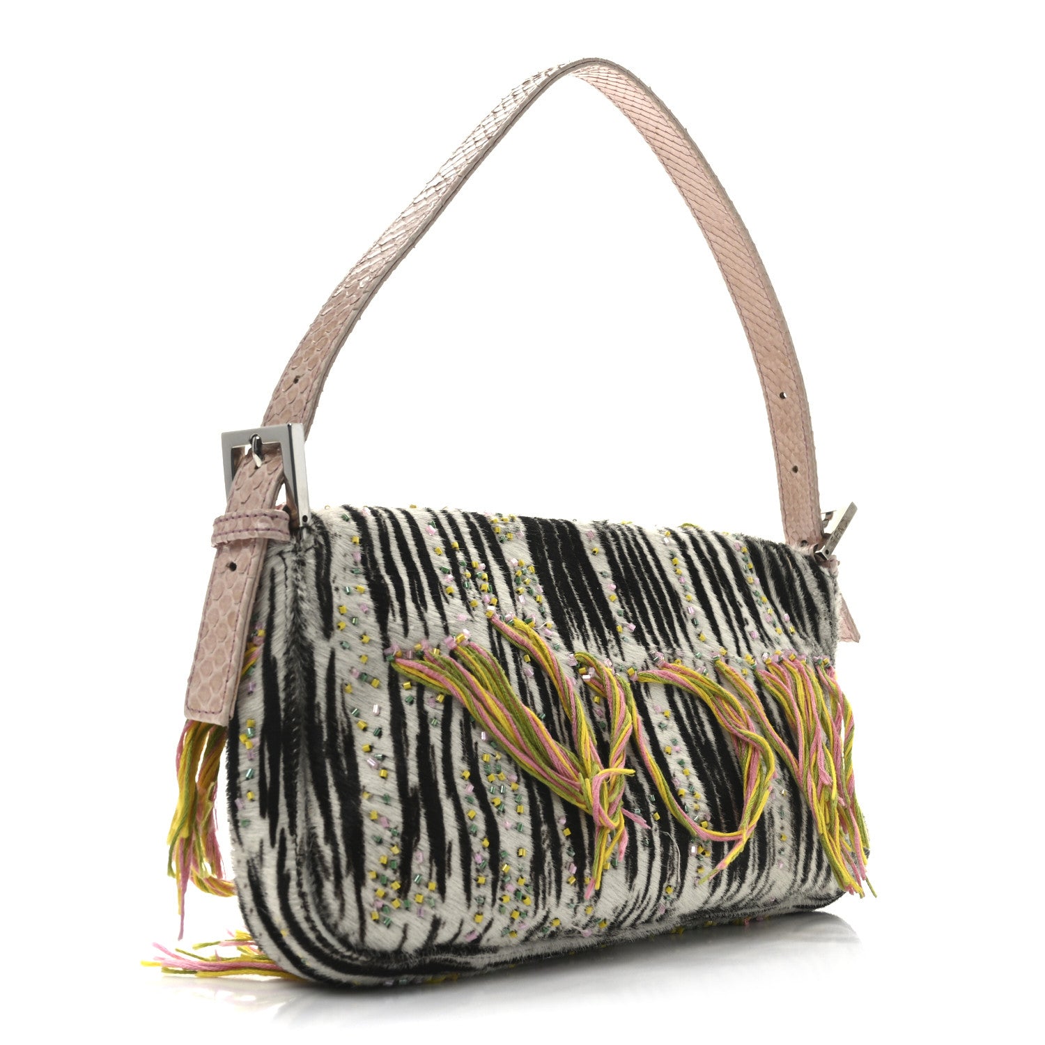 Fendi Calf Hair Snakeskin Zebra Print Beaded Fringe Baguette Multicolor 3 of 11