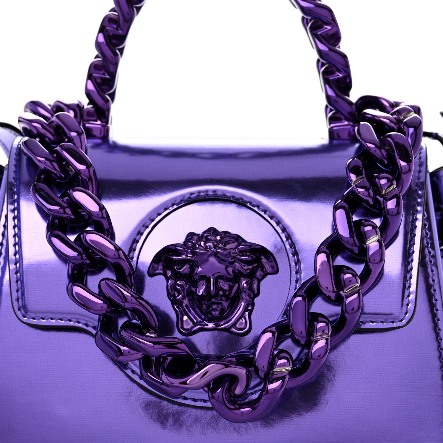 Versace Metallic Patent Calfskin Mini La Medusa Chain Top Handle Bag Dark Orchid 8 of 11