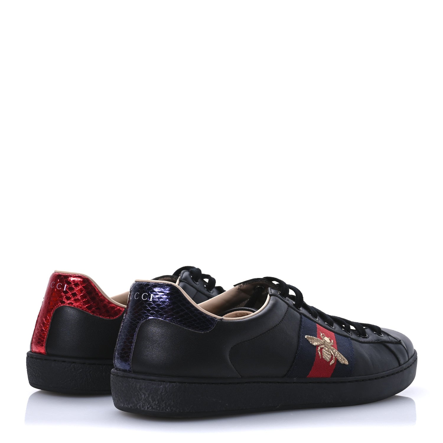 Gucci Miro Soft Calfskin Laminated Ayers Web Bee Embroidered Mens Ace Sneakers 9.5 Black Red Flame Night 5 of 9