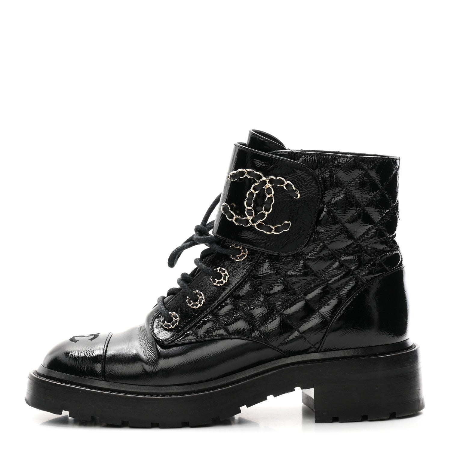 Chanel Shiny Lambskin Quilted Lace Up Combat Boots 38 Black 1 of 11