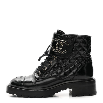 Chanel Shiny Lambskin Quilted Lace Up Combat Boots 38 Black 1 of 11