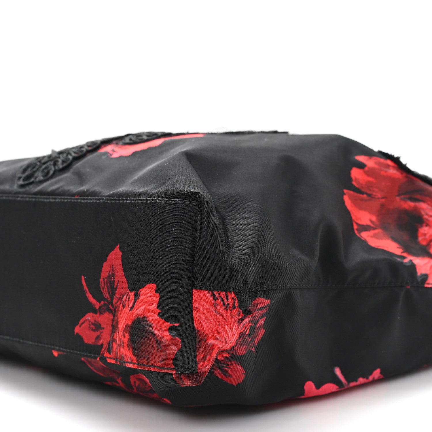 Prada Tessuto Nylon Passama Embroidered Rose Print Tote Black 9 of 10