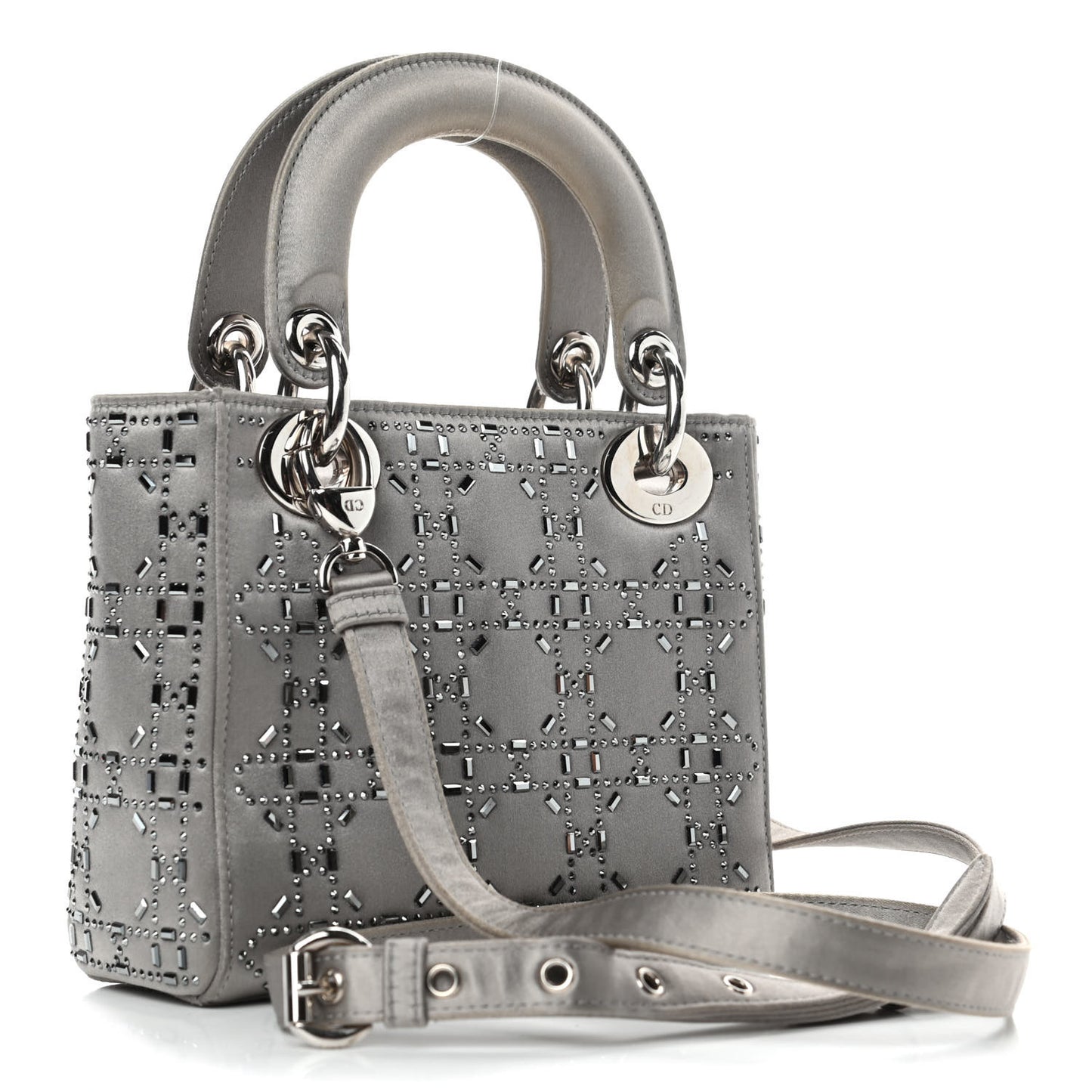 Satin Crystal Cannage Mini Lady Dior Gray