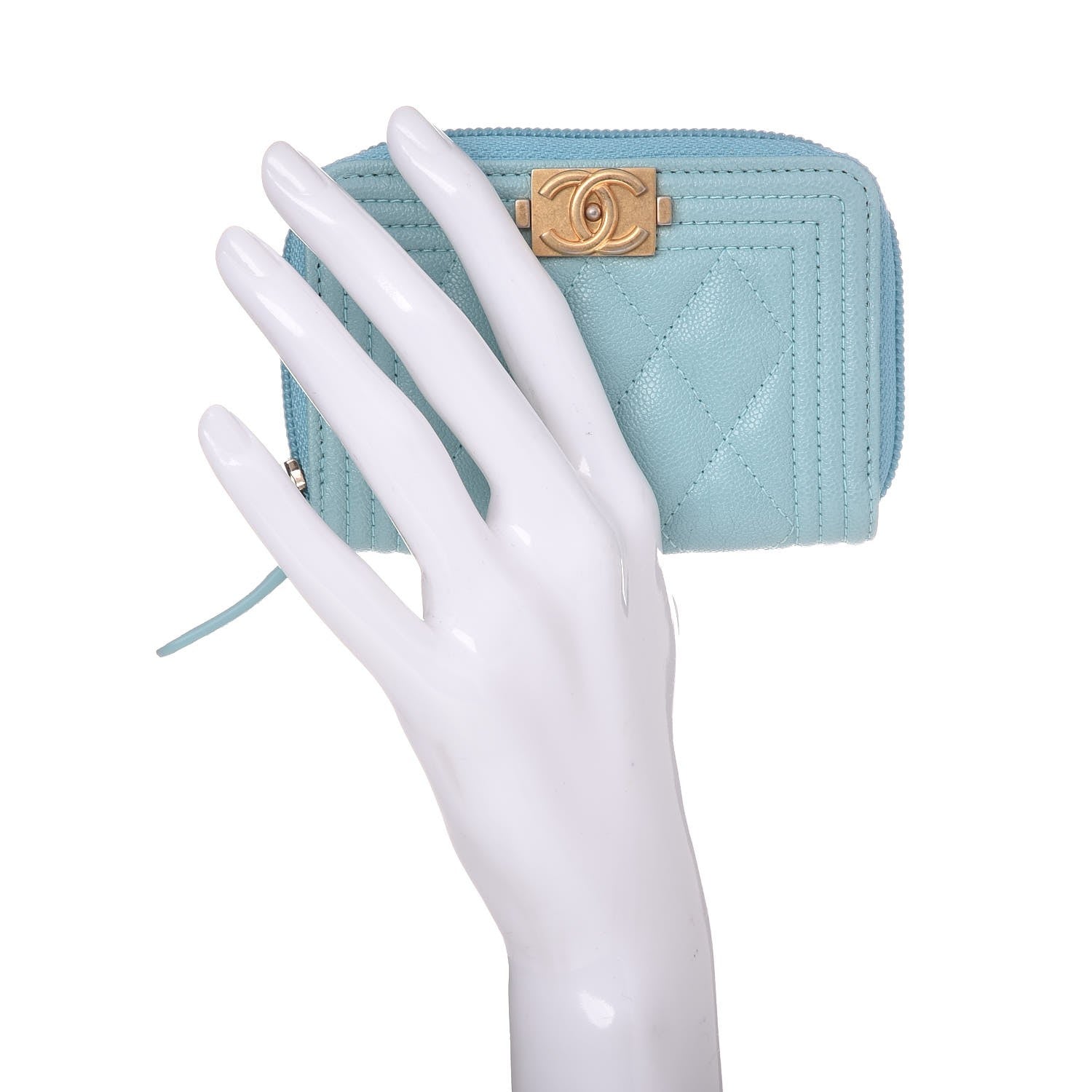 Chanel Caviar Quilted Boy Zip Around Coin Purse Wallet Light Blue 2 of 8