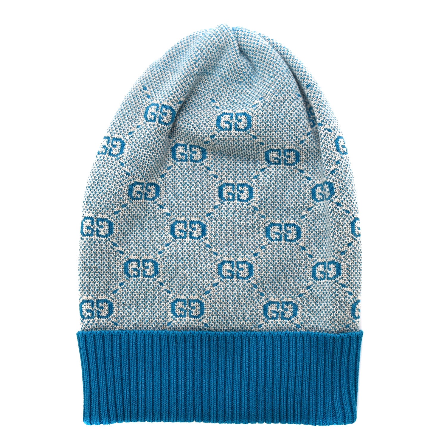 Gucci Wool Cotton GG Monogram Piquarfino Beanie Hat Petroleum Blue Ivory 1 of 8