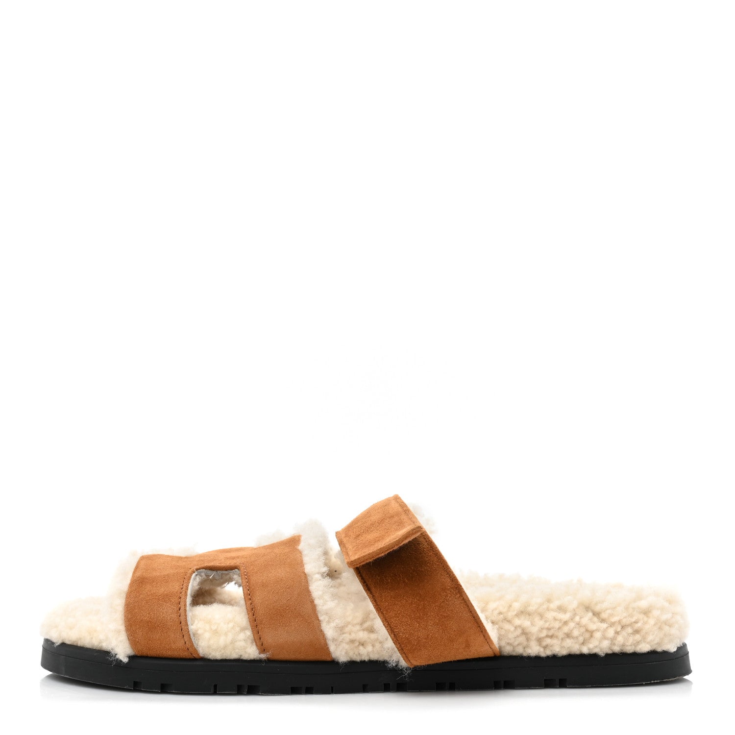 Hermes Suede Goatskin Woolskin Womens Chypre Sandals 38.5 Brun Fume Ecru 1 of 11