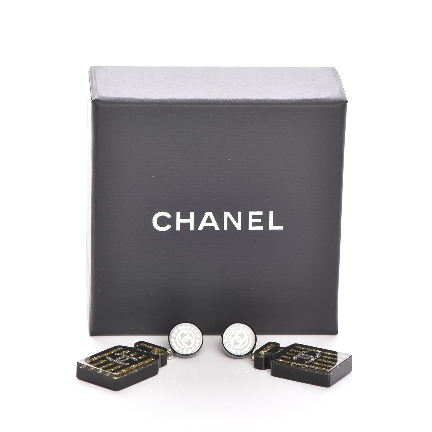 Chanel Resin Strass Perfume Bottle CC Earrings Black Gold 5 of 5