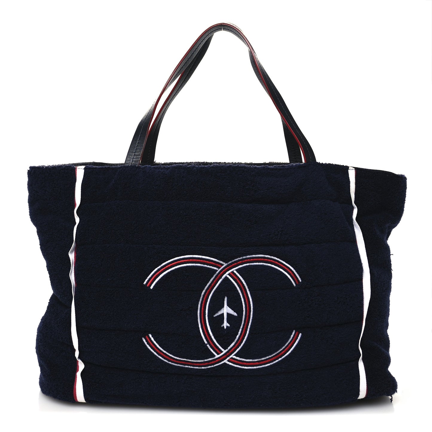 Nylon Terry Cloth Reversible Chanel Airlines Tote Silver Navy