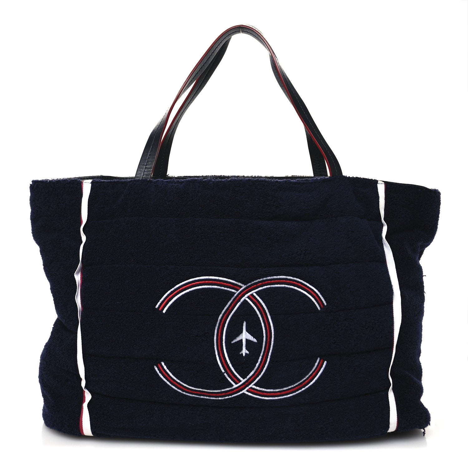 Chanel Nylon Terry Cloth Reversible Chanel Airlines Tote Silver Navy 1 of 22