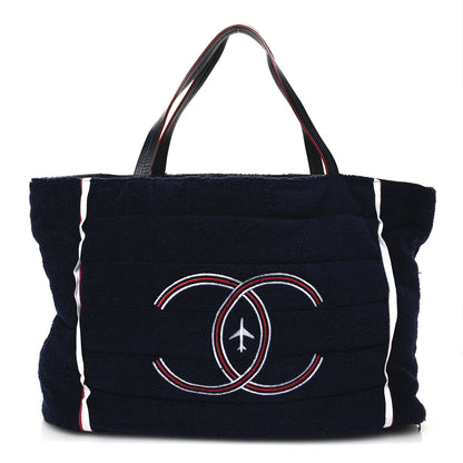 Chanel Nylon Terry Cloth Reversible Chanel Airlines Tote Silver Navy 1 of 22