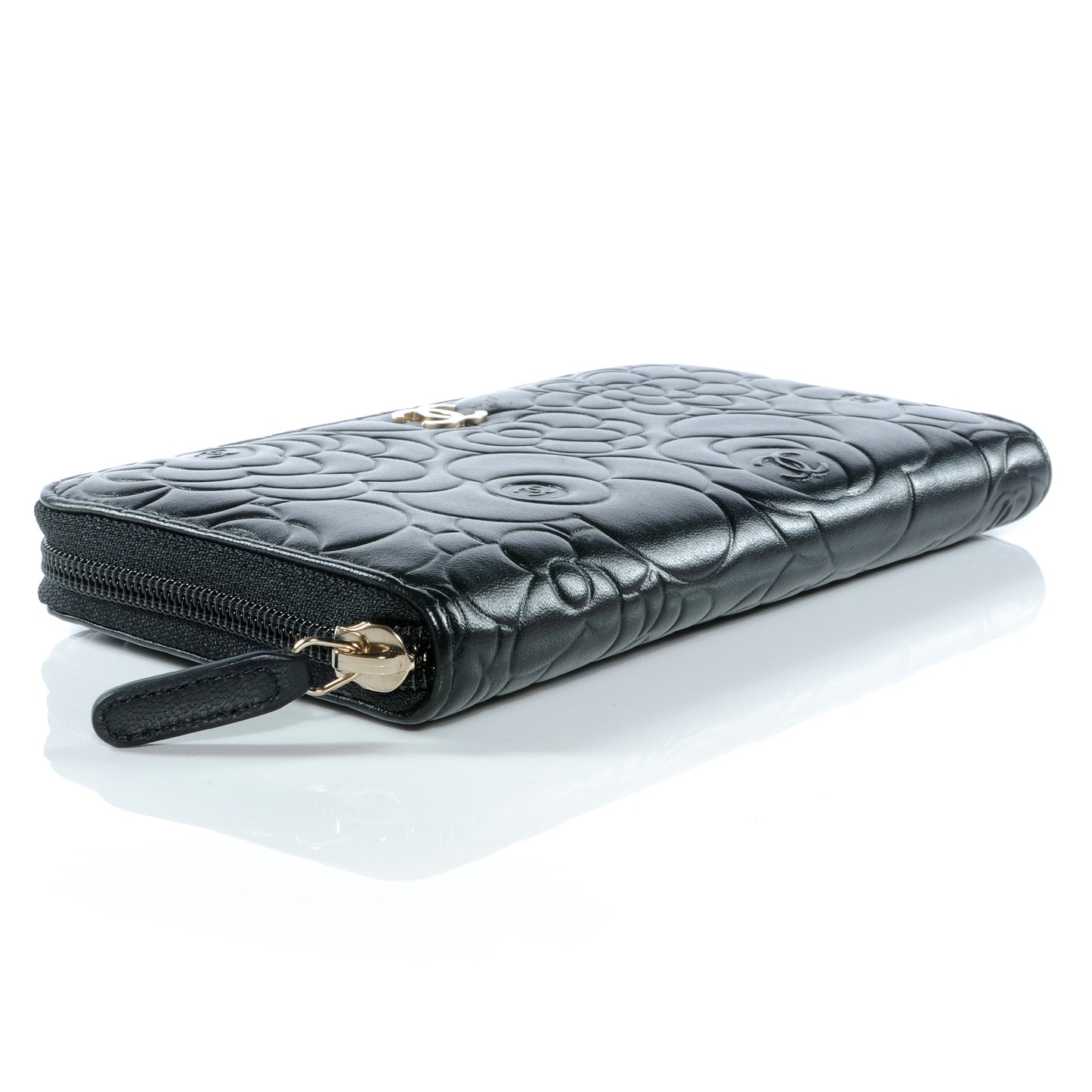 Lambskin Camellia Embossed Large Zip Around Gusset Wallet Black