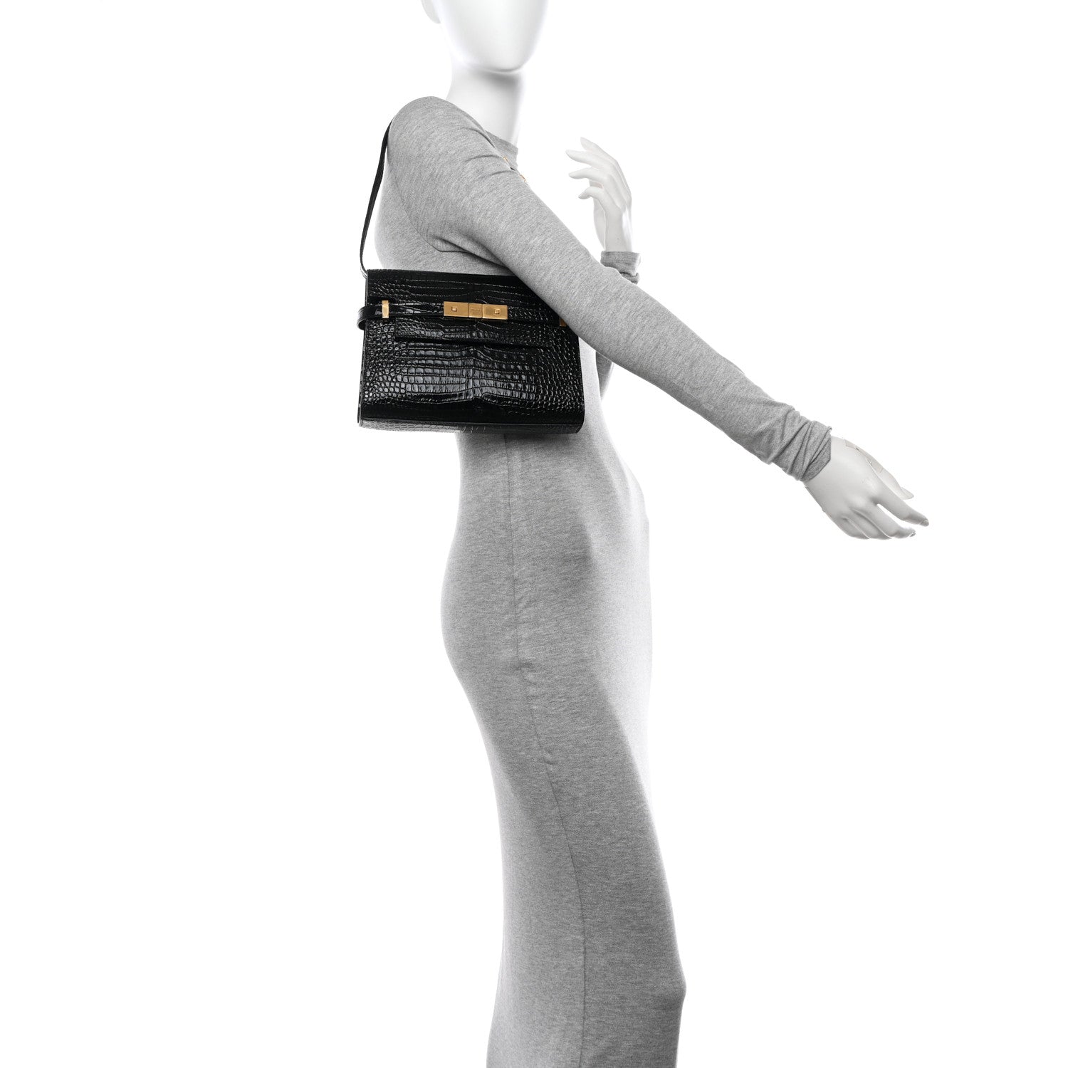 Saint Laurent Shiny Calfskin Crocodile Embossed Small Manhattan Baguette Black 2 of 10