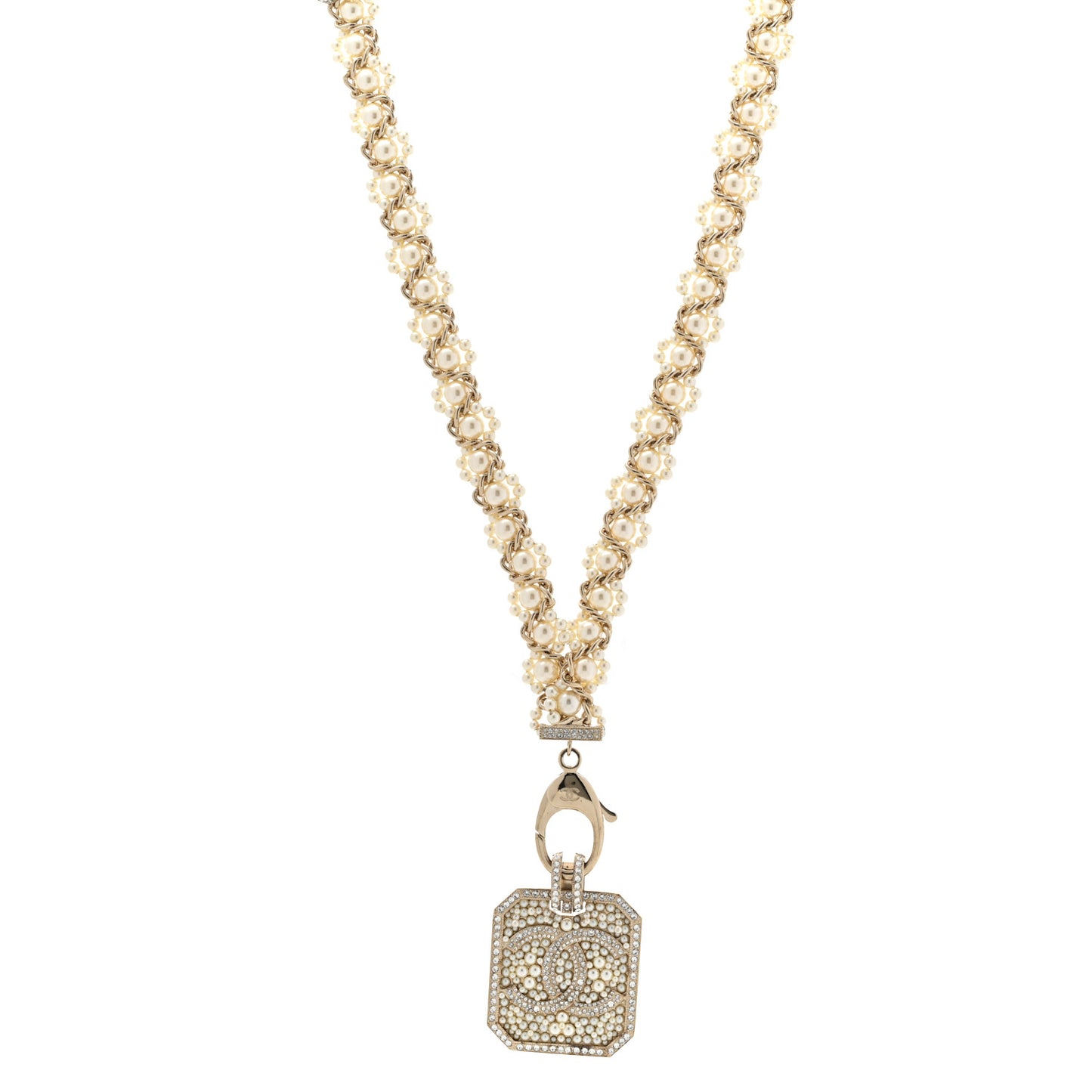 Pearl Crystal CC Pendant Lanyard Necklace Gold