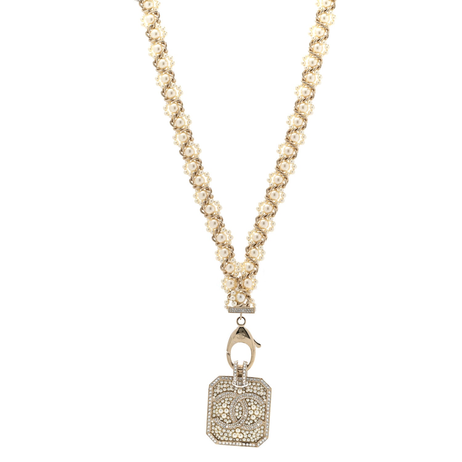 Chanel Pearl Crystal CC Pendant Lanyard Necklace Gold 1 of 9