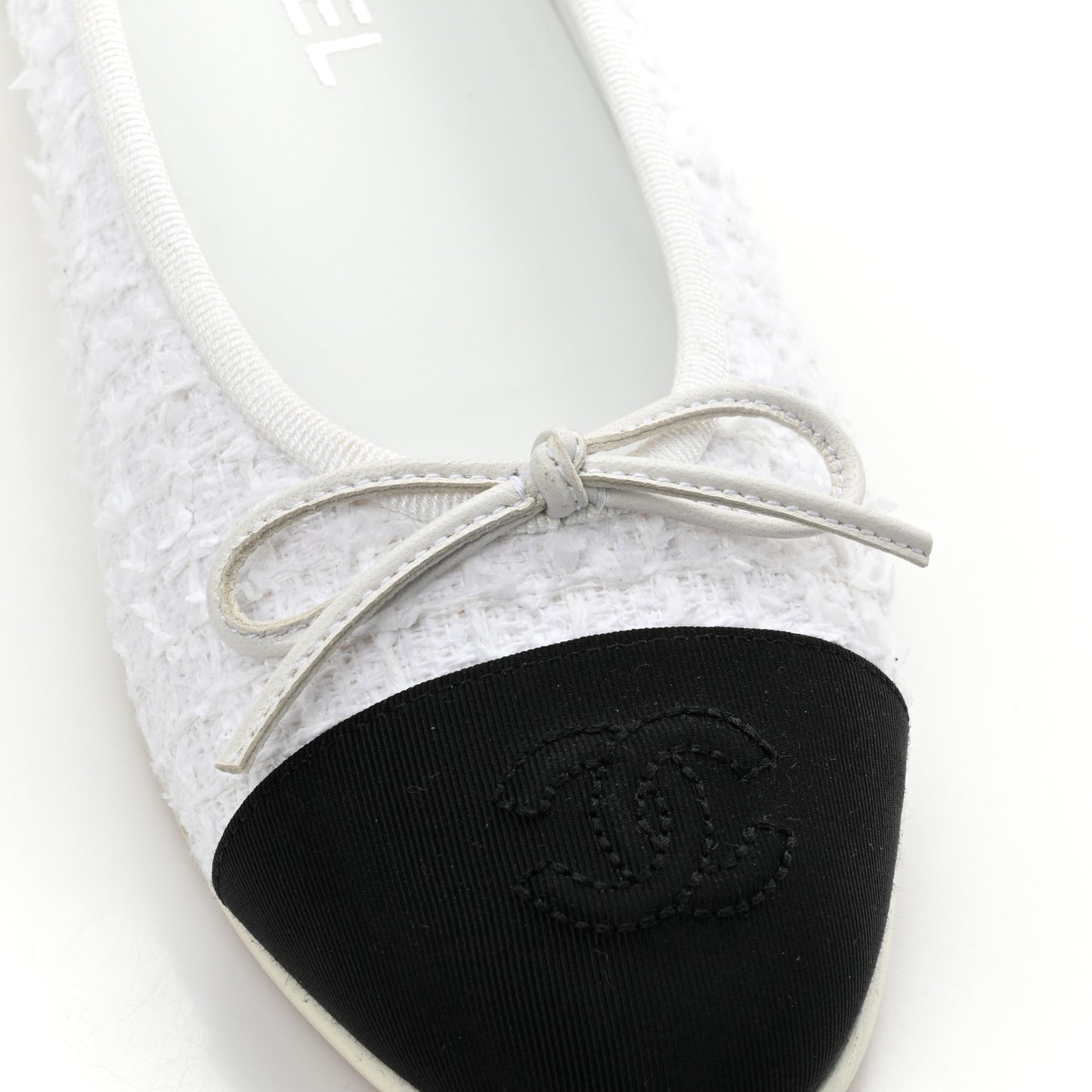 Cotton Tweed Grosgrain Cap Toe Ballerina Flats 37.5 White Black