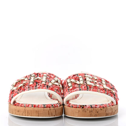Chanel Tweed Cork Mule Sandal 35 Coral Red Pink 2 of 8