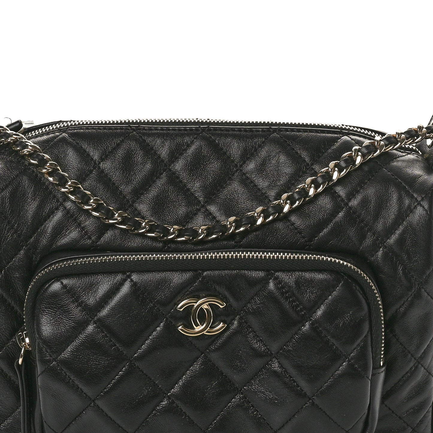 Shiny Crumpled Lambskin Quilted Medium Preppy Pocket Camera Case Black