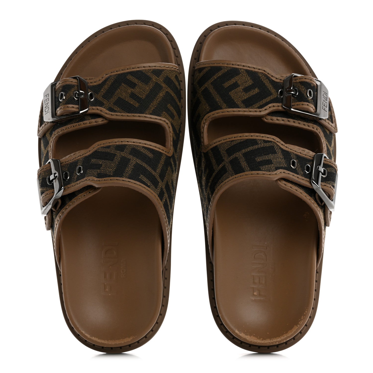 Fendi Fabric Jacquard Nappa FF Mens Fendi Feel Buckled Slide Sandals 5 Tobacco Black Miele Scuro 2 of 10