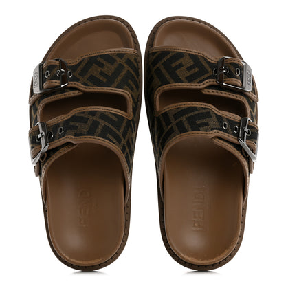 Fendi Fabric Jacquard Nappa FF Mens Fendi Feel Buckled Slide Sandals 5 Tobacco Black Miele Scuro 2 of 10