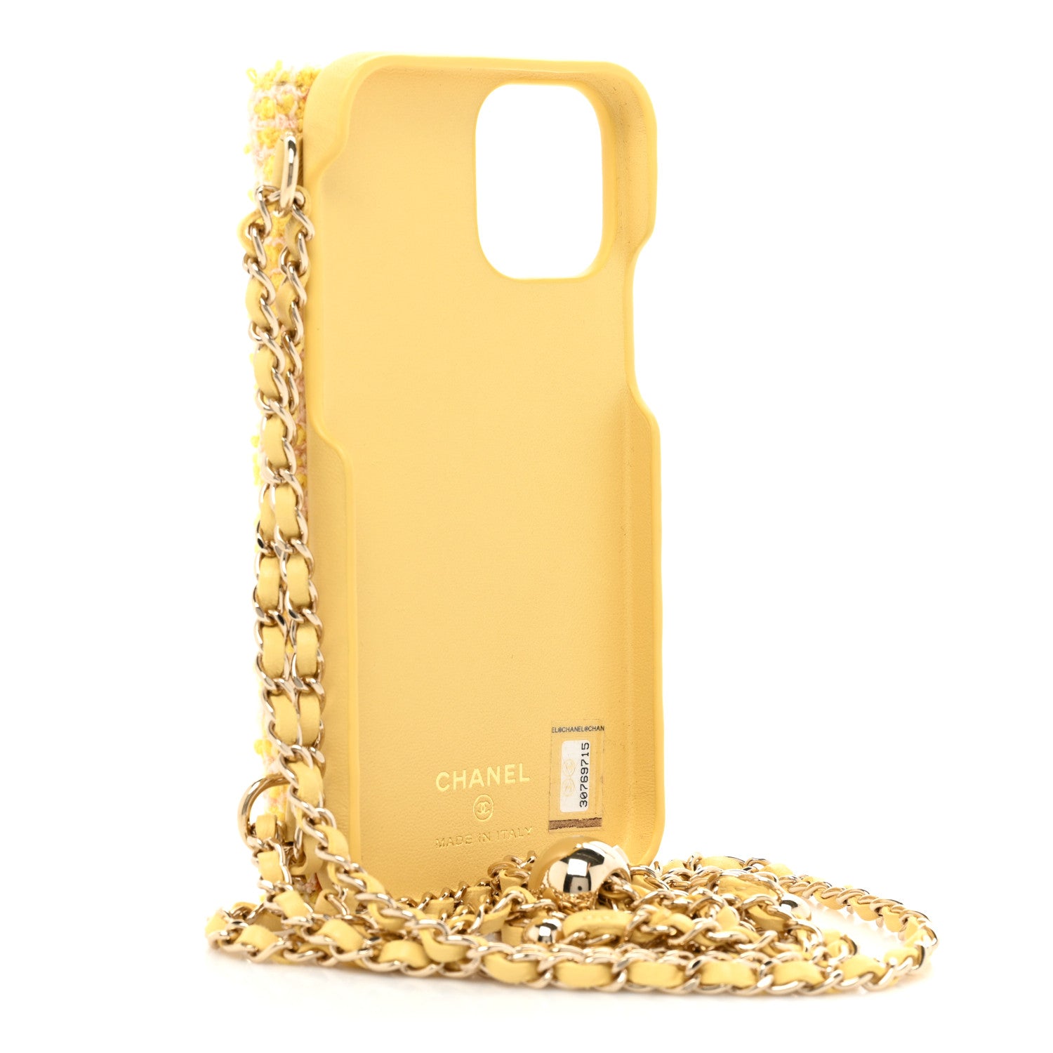 Chanel Tweed Quilted iPhone XII Pro Case With Chain Yellow Pink