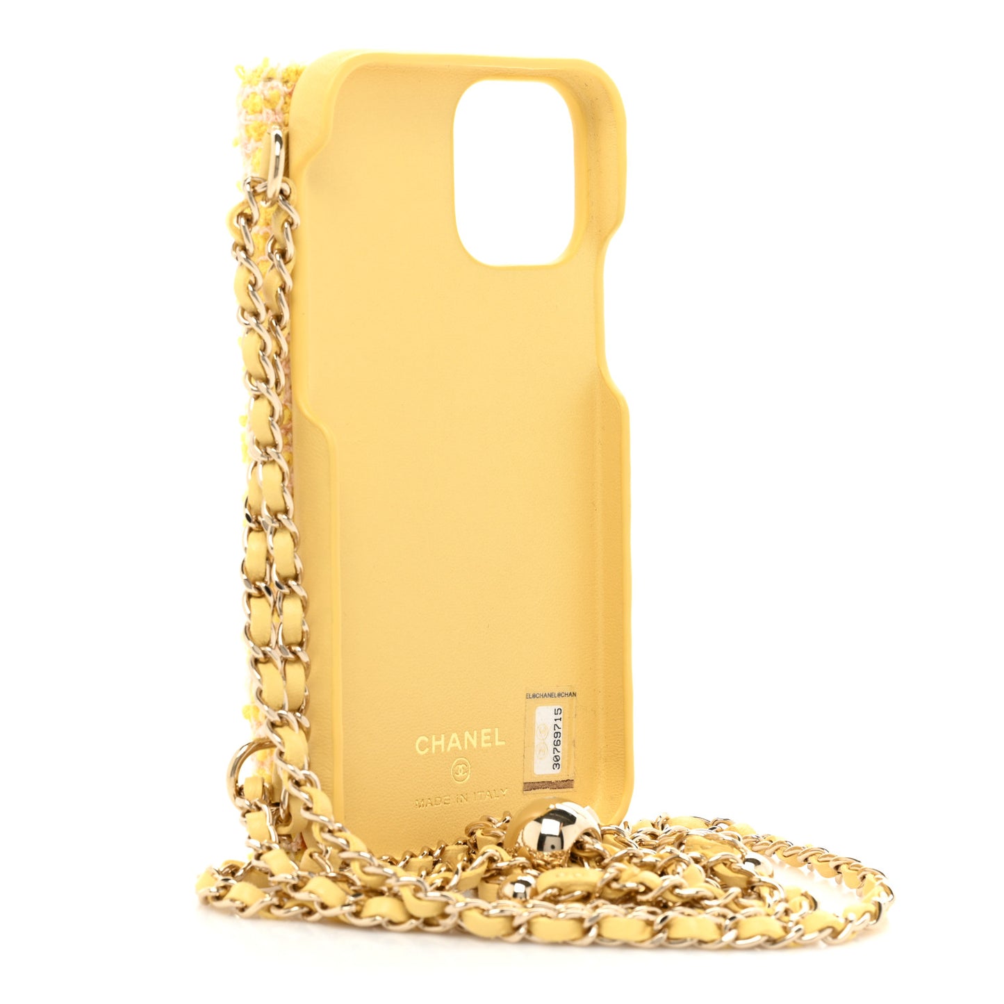 Tweed Quilted iPhone XII Pro Case With Chain Yellow Pink